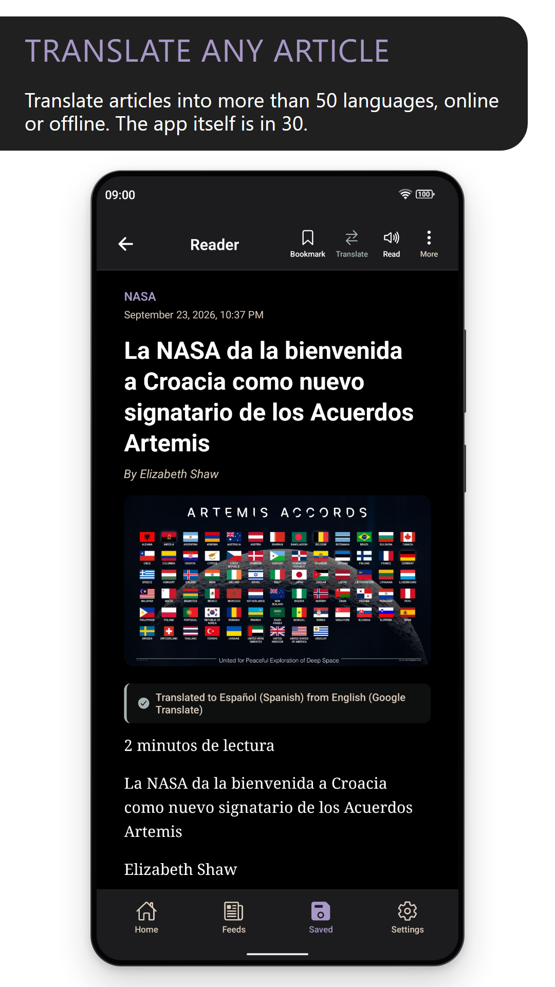 Translate any article: the same NASA article translated into Spanish, noting it was translated from English with Google Translate (dark theme)