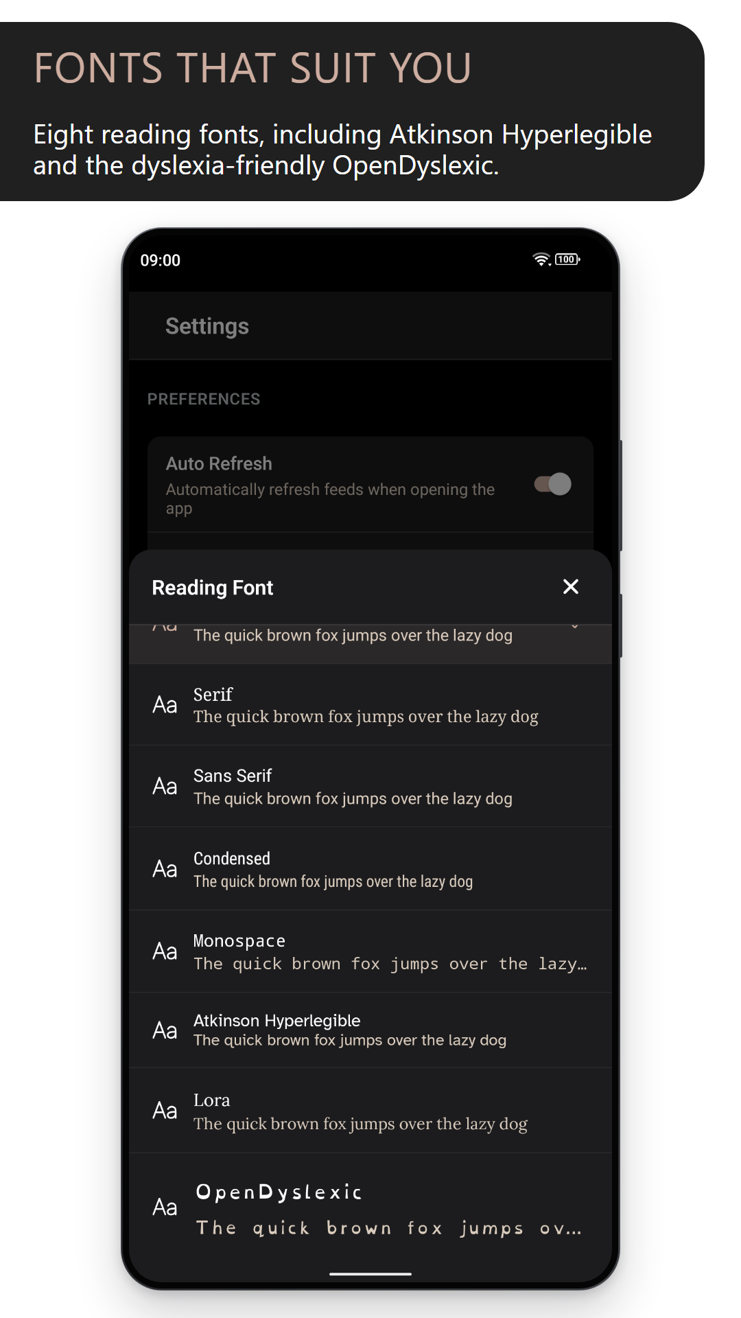 Fonts that suit you: the reading-font picker previewing serif, sans serif, condensed, monospace, Atkinson Hyperlegible, Lora and OpenDyslexic (dark theme)