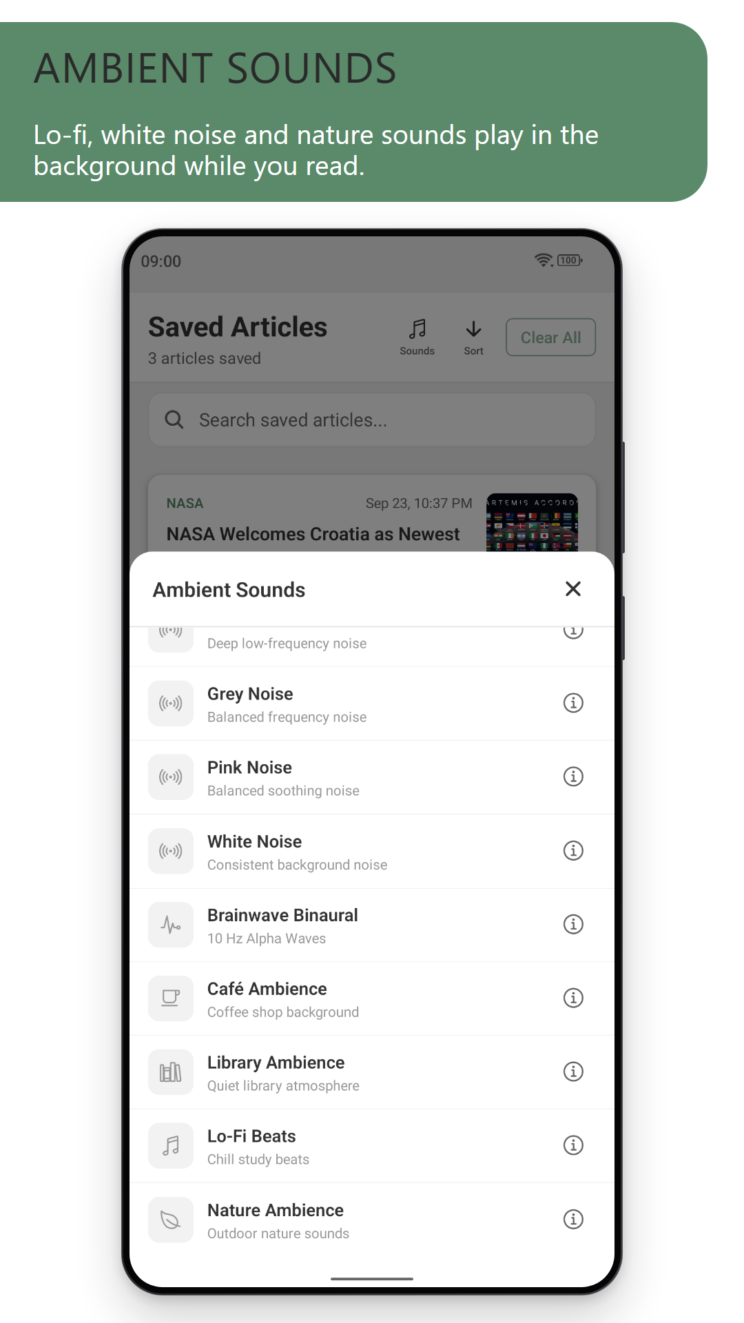 Ambient sounds: the sounds sheet offering noise colours, binaural beats, café and library ambience, lo-fi beats and nature sounds (light theme)