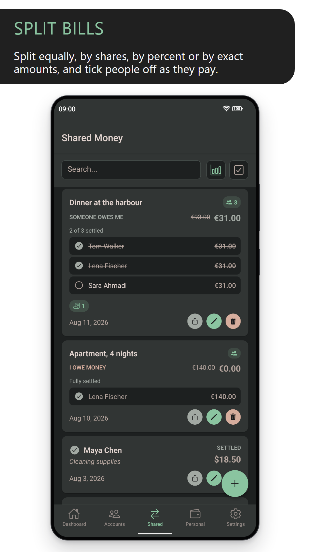Split bills: the Shared Money screen with shared bills and who has settled each share (dark theme)
