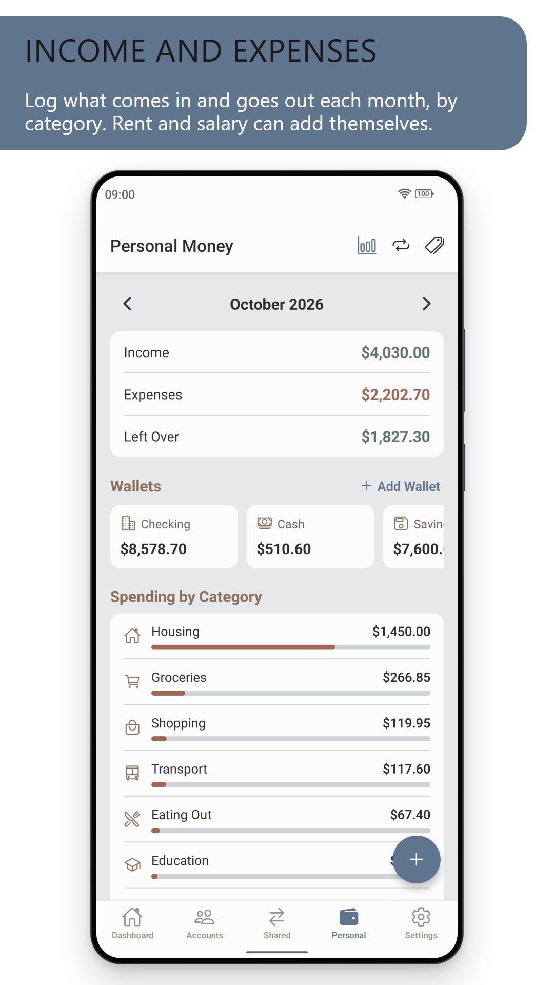 Income and expenses: the Personal Money screen for October 2026 with income, expenses, what is left over, wallets and spending by category (light theme)