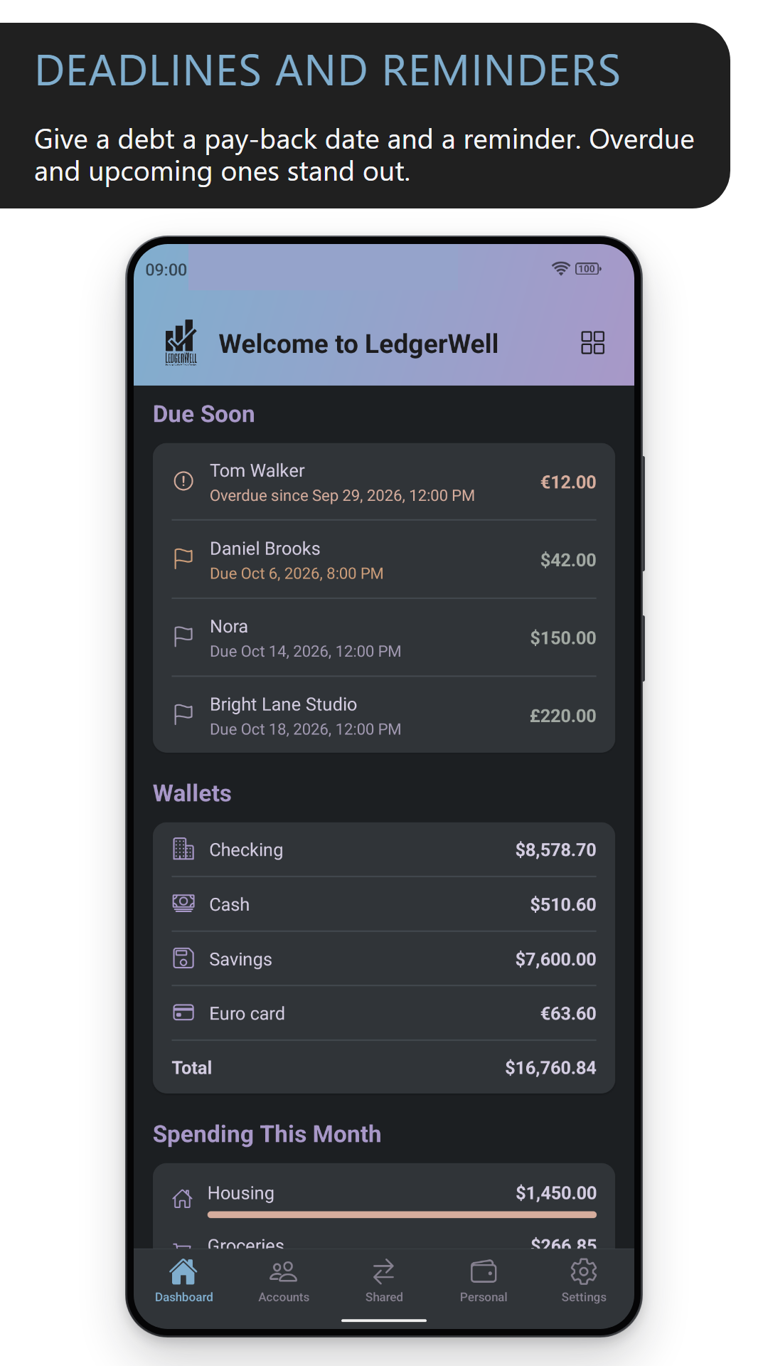 Deadlines and reminders: the Due Soon list on the dashboard, with one overdue debt and three coming up, above the wallets (dark theme)