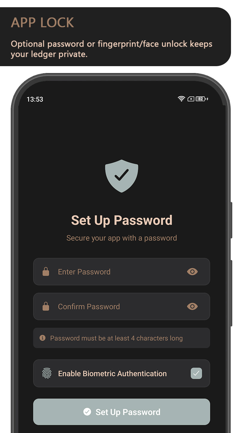LedgerWell app lock setup with password and biometric unlock (dark theme)