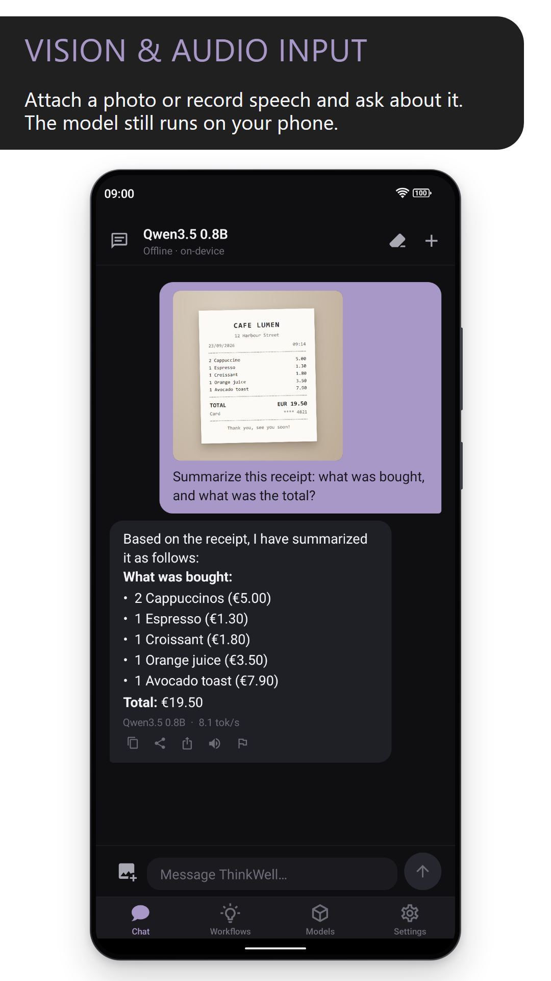 Vision and audio input: Qwen3.5 0.8B reading a photo of a café receipt and listing what was bought and the €19.50 total (dark theme)