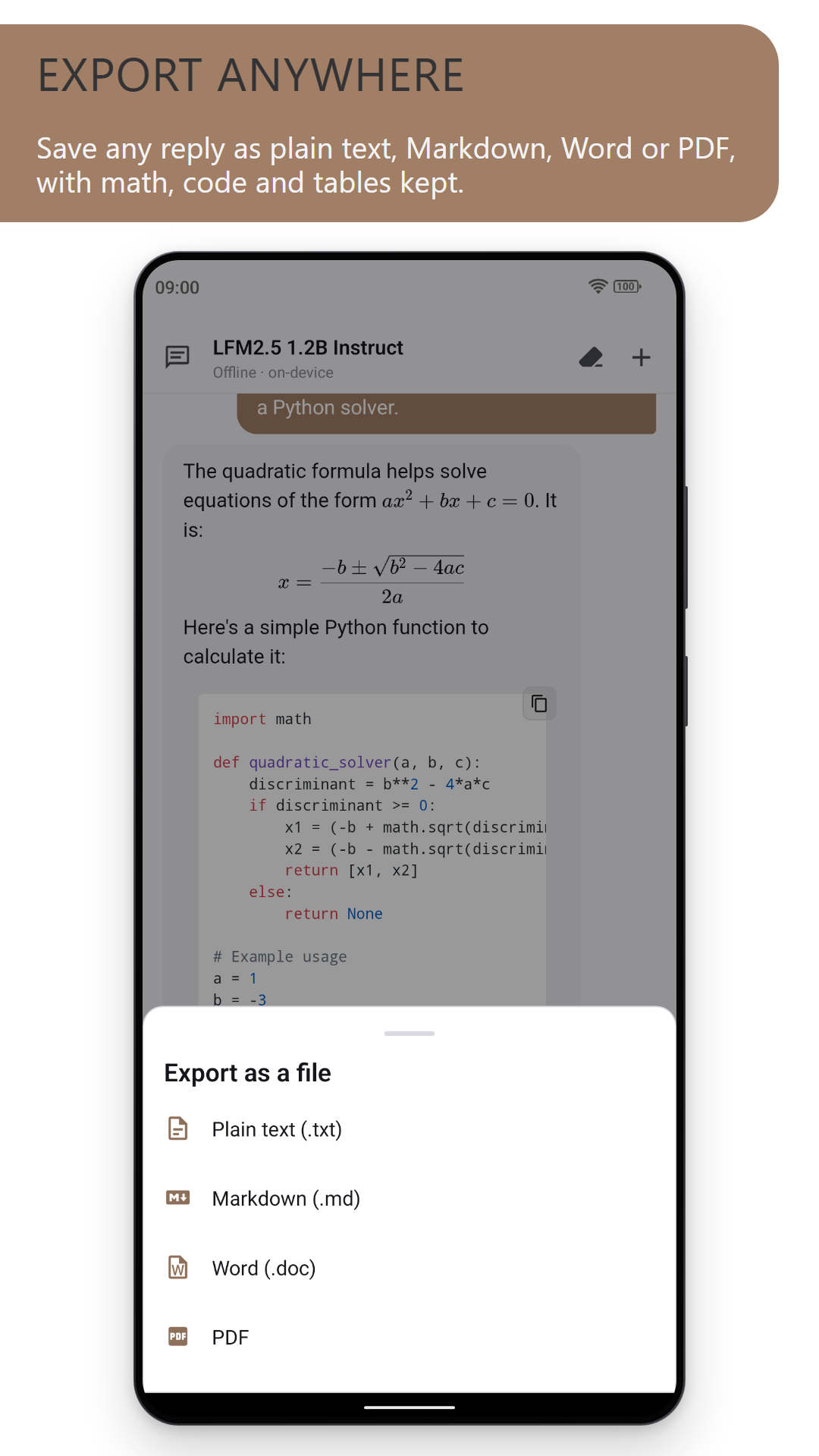 Export anywhere: a chat reply with the export sheet offering plain text, Markdown, Word and PDF (light theme)