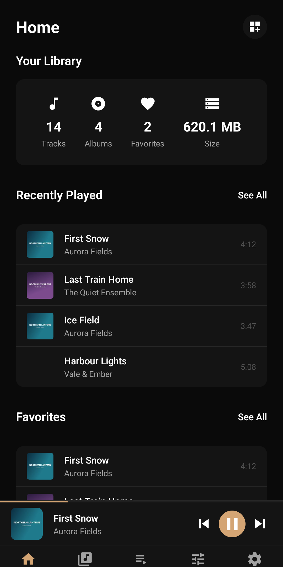 TuneWell home screen with library totals for tracks, albums, favourites and size, above recently played and favourite tracks (dark theme)