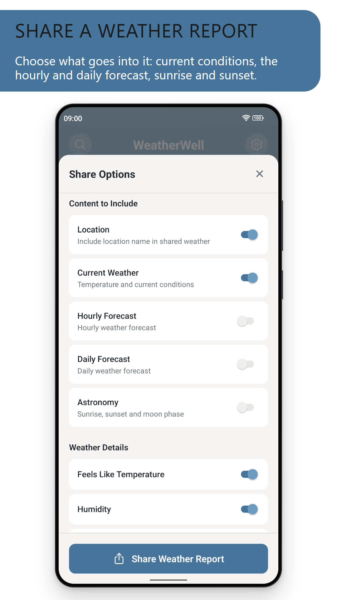 Share a weather report: the share options for including the location, current weather, hourly and daily forecasts, astronomy, feels-like temperature and humidity (light theme)